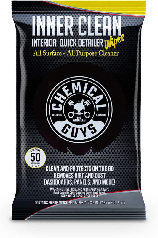 Chemical Guys InnerClean Interior Quick Detailer & Protectant Wipes – 50 Pack Multi Surface Interior Cleaner Wipes for Dashboards, Doors and Seats – Safe for Cars, Trucks, SUVs, RVs and Home Use