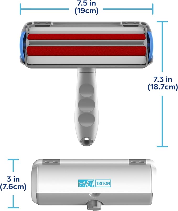 Triton Pet Hair Removal Tool w/Fur Trapping Compartment and Detachable Handle, 60% Smaller Storage Size, Reusable Shedding Roller, Cat and Dog Hair Remover for Car, Furniture, Carpet (Gray/White)