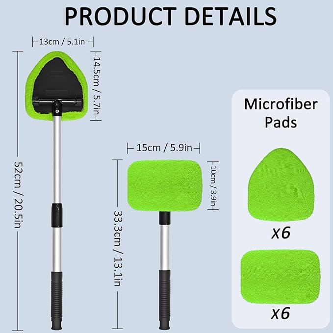 Beieverluck 20 Pieces Windshield Cleaner Tool, Inside Car Windshield Cleaning Tool with 12 Microfiber Pads, 4 Spray Bottle, and Extendable Handles Car Window Cleaning Tool Kit, Green