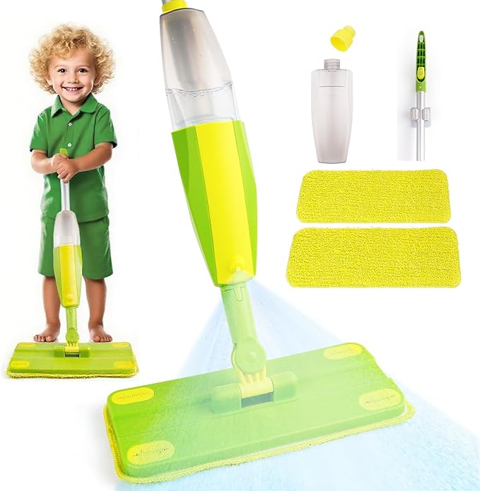 Kids Spray Mop, Fun & Functional Toddler Mop Cleaning Set,Real Working Mini Mop, Pretend Play Toy –Includes Spray Bottle,Washable Microfiber Pads, Montessori Kids Cleaning Toy Set -Green