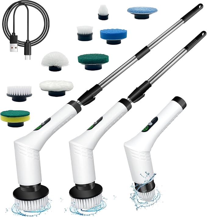 Spin Scrubber, 9-in-1 Multifunctional Electric Cleaning Brush with Detachable Handle, 9 Replaceable Brush Heads & LCD Display, Rechargeable for Bedroom, Bathroom, Kitchen, Car