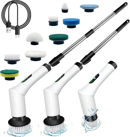 Spin Scrubber, 9-in-1 Multifunctional Electric Cleaning Brush with Detachable Handle, 9 Replaceable Brush Heads & LCD Display, Rechargeable for Bedroom, Bathroom, Kitchen, Car
