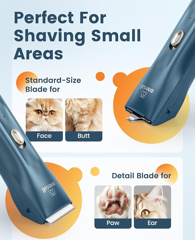 oneisall Quiet Pet Clippers, Cat Clippers for Matted Hair, Cordless Cat Hair Trimmer for Paw, Waterproof Pet Trimmers for Cats, Pet Shaver for Dogs and Cats