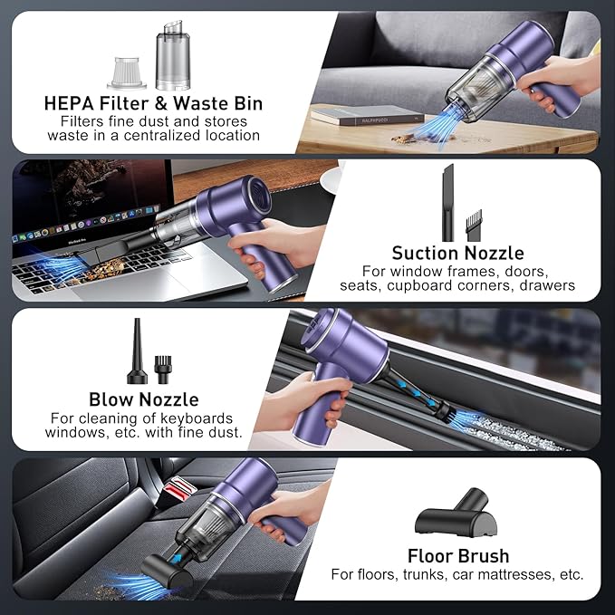 KMM Handheld Car Vacuum Cleaner, 9000PA Vacuum Cleaner & Air Duster, 120W High Power Vacuum Portable Cordless, Hand Held Vacuum Rechargeable with Multi-Nozzles & LED Light for Home, Car, Office