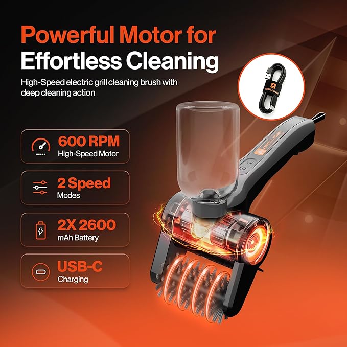 Electric Grill Brush Cordless Rechargeable with Soap Dispenser, Automatic Outdoor BBQ Electric Grill Cleaner Brush Including Interchangeable Stainless Steel Wire & Bristle Free Chain Brush