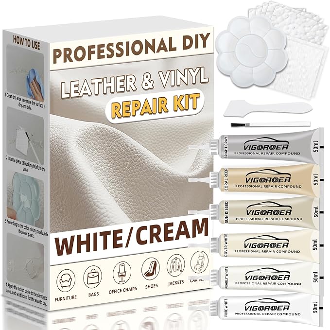 Vigorder Cream Leather Repair Kit for Furniture, Vinyl Repair Kit for Car Interior, Sofa, Purse and Jacket, Restore Any 
