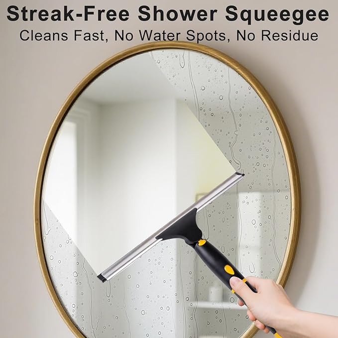 Swivel Shower Squeegee for Glass Doors, All-Purpose Anti-Slip Window Squeegee with 2 Blades, Window Cleaner Tool Bathroom Squeegee for Shower Doors, Tile Shower Walls，Mirrors,Car Windshields
