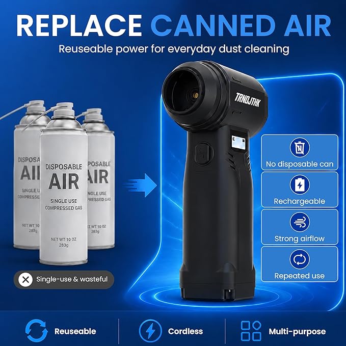 Electric Air Duster, 150000RPM Powerful Cordless Blower with Vacuum, 10-Gear Rechargeable Cleaner for Computer, Keyboard, Car Vent and Camera Gears