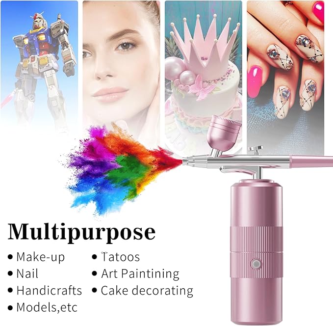 Airbrush Kit with Compressor Portable Airbrush Kit 48PSI High-Pressure Non-Clogging Air Brush Set Cordless Rechargeable with 0.3mm Nozzle and Cleaning Brush for Painting,Nail Art, Makeup (pink)