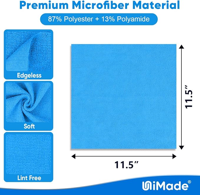 UNIMADE Shop Towels Rags, 50 Pack Reusable Shop Rags Bulk Microfiber Cleaning Cloth Lint Free Cleaning Towels for Car Kitchen Automotive Bar Mechanic Restaurant Garage, 11.5"x 11.5", Blue
