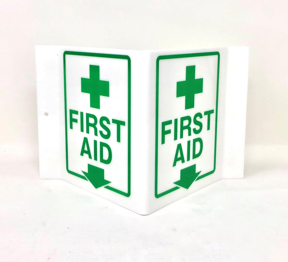 9" Width x 6" Height x 4" Depth Acrylic, Green on White Standard FIRST AID "V" Sign