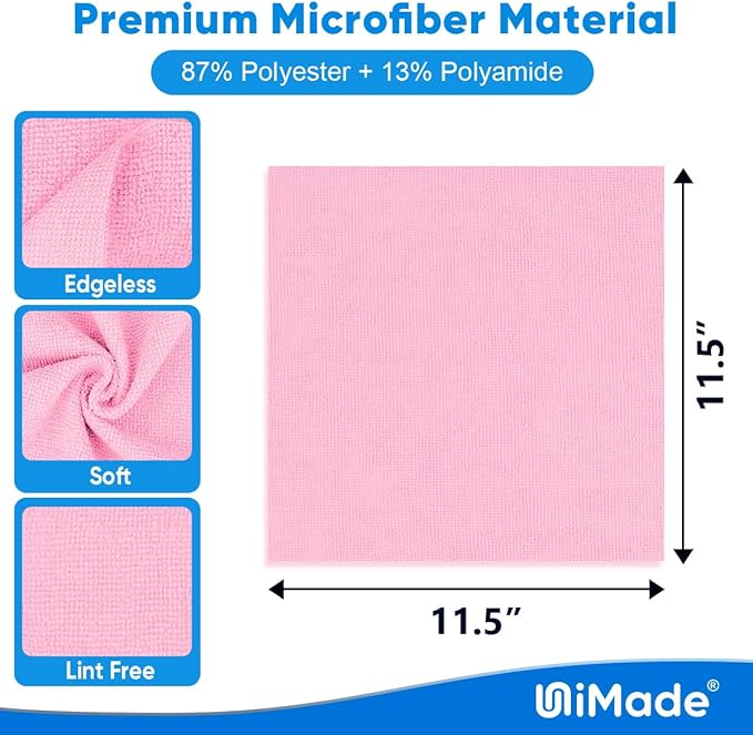 UNIMADE Microfiber Cleaning Cloth, 10 Pack Reusable Microfiber Towels for Cars Lint Free Cleaning Shop Towel Rags for Home Kitchen Automotive Bar Mechanic Restaurant Garage, 11.5"x 11.5", Pink