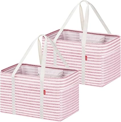 LHZK 2 Pack Utility Tote Bag with Metal Wire Frame and the Sides Rinforced, Large Tote Bag with Handle, Reusable Grocery