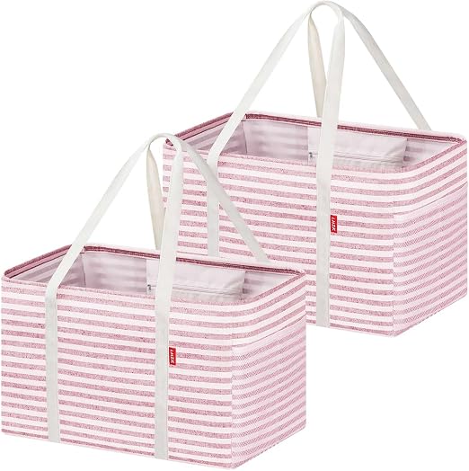 LHZK 2 Pack Utility Tote Bag with Metal Wire Frame and the Sides Rinforced, Large Tote Bag with Handle, Reusable Grocery