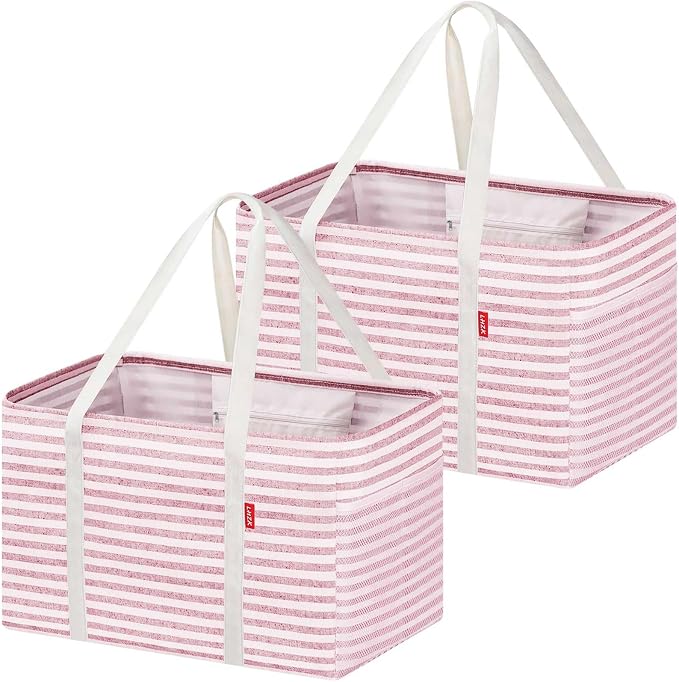 LHZK 2 Pack Utility Tote Bag with Metal Wire Frame and the Sides Rinforced, Large Tote Bag with Handle, Reusable Grocery