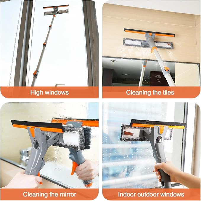 Eazer 3-in-1 Window Squeegee Cleaner, 76'' Spray Window Squeegee with 5-Section Extension Pole, Microfiber and Chenille Cloth, Window Washing Equipment for Indoor/Outdoor Windows, Car Glass