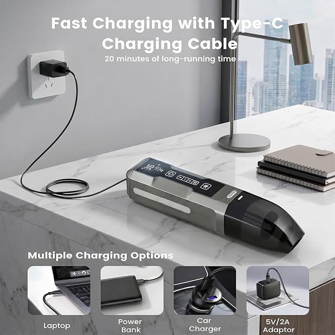 FOLAI Cordless Car Vacuum, 5-in-1 Portable Mini Handheld Vac, Upgraded Smart Digital Display, 2 Suction Modes Type-C Charging for Small Jobs, Car, Office Desk, Keyboards