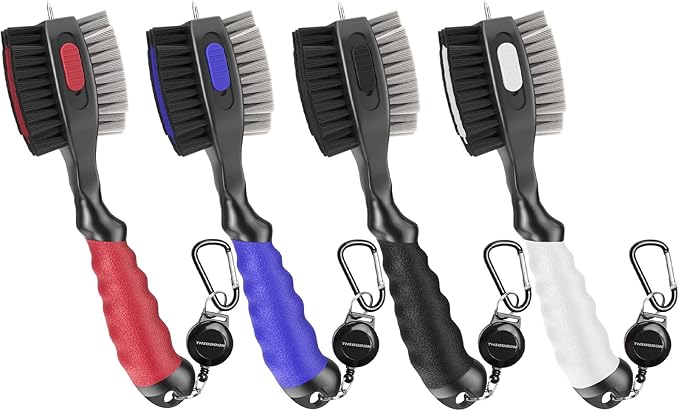 THIODOON 2 Pack Golf Club Brushes and Groove Cleaner 2 ft Retractable Zipline Carabiner Golf Brush Head with Retractable Spike Comfortable Grip Golf Club Cleaner