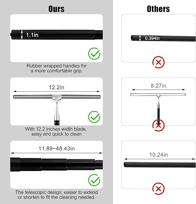 Toncoke 2 in 1 Window Squeegee, Shower Squeegee Window Cleaning Kit with Extension Pole Long Handle Squeegee for Shower Glass Floor Bathroom Home Outdoor, 12 inch Wide, Black
