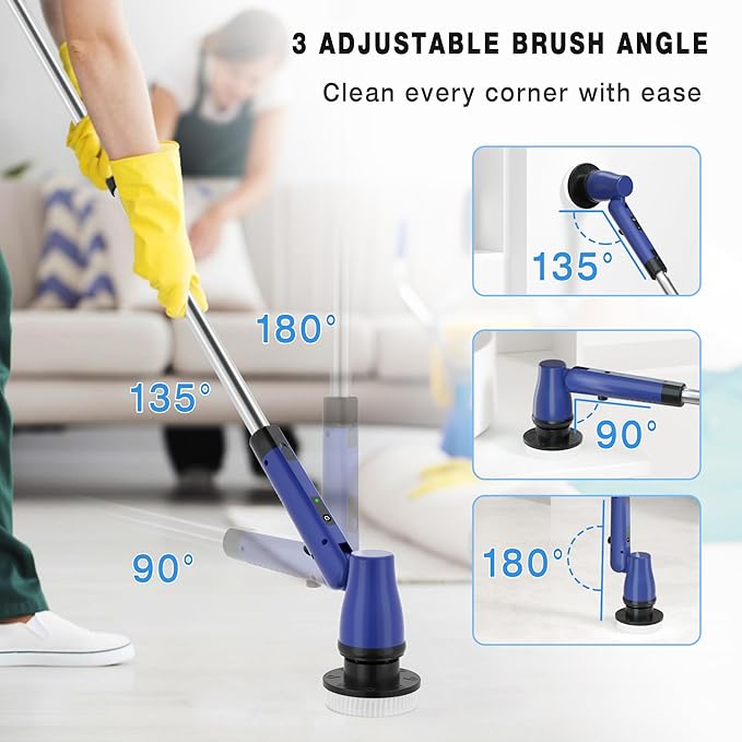 KEROMEE Electric Spin Scrubber Cordless Bathroom Scrubber with Adjustable Long Handle, 2 Speeds Power Cleaning Brush with 7 Replaceable Brush Heads for Bathtub, Tile, Floor (Blue)