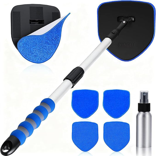 XINDELL Windshield Cleaner Tool, Car Window Cleaning Kit with 5 Reusable Microfiber Pads, Extendable Handle & 360° Rotating Head, Safety Hammer, Streak-Free Auto Glass Wiper for Car Truck SUV RV
