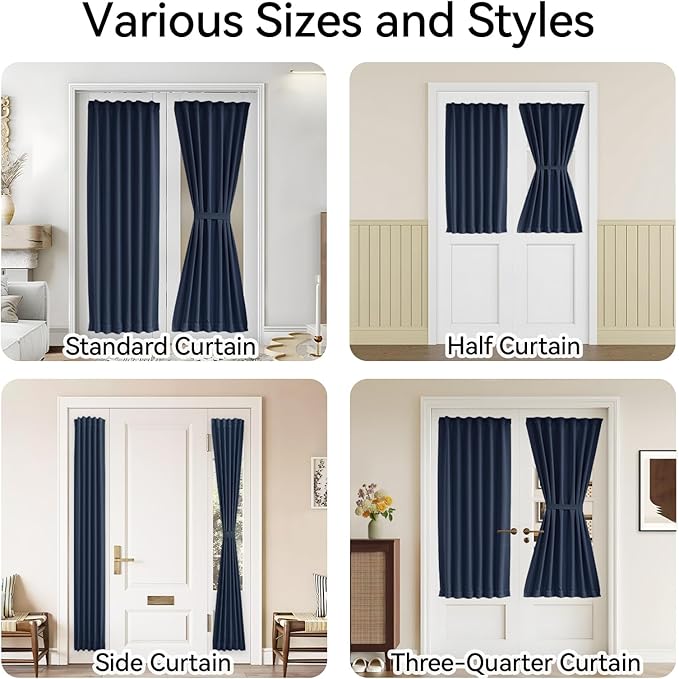 Vatge Navy Blue French Door Curtain Panel for Front Door - Dual Rod Pocket Drapes for Living Room Glass Door, 1 Panel, W54 x L72, Navy
