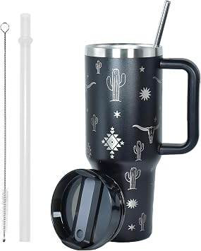 AGH 40 OZ Tumbler with Handle Laser Bull Head Pattern, Stainless Steel Insulated Cup with Lid Straw, Travel Coffee Cup P