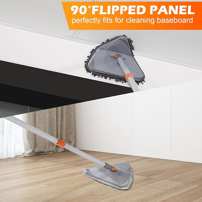 Wall Cleaner Triangle Mop with 82'' Long Handle - Wall Scrubber, Cleaning Washer Tool with 4 Microfiber Chenille Duster Pads for Clean Walls, Ceiling, Windows, Baseboards, Floors (Gray, 4 Pads)