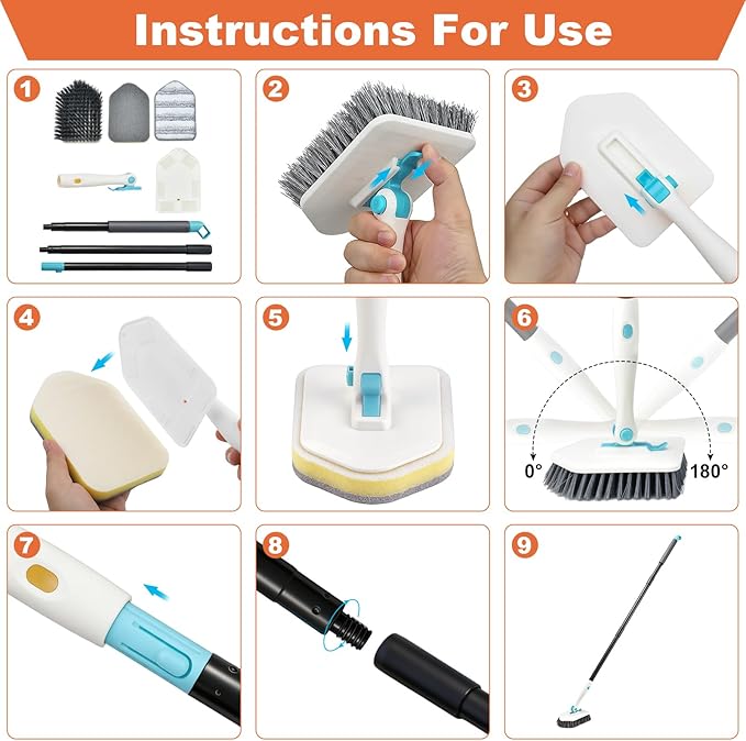 Long Handled Scrub Brush for Shower,3-in-1 Cleaning Brushes with 3 Different Function Cleaning Heads Brush for Shower Cleaning Bathroom Kitchen Walls Tub Tile (White)