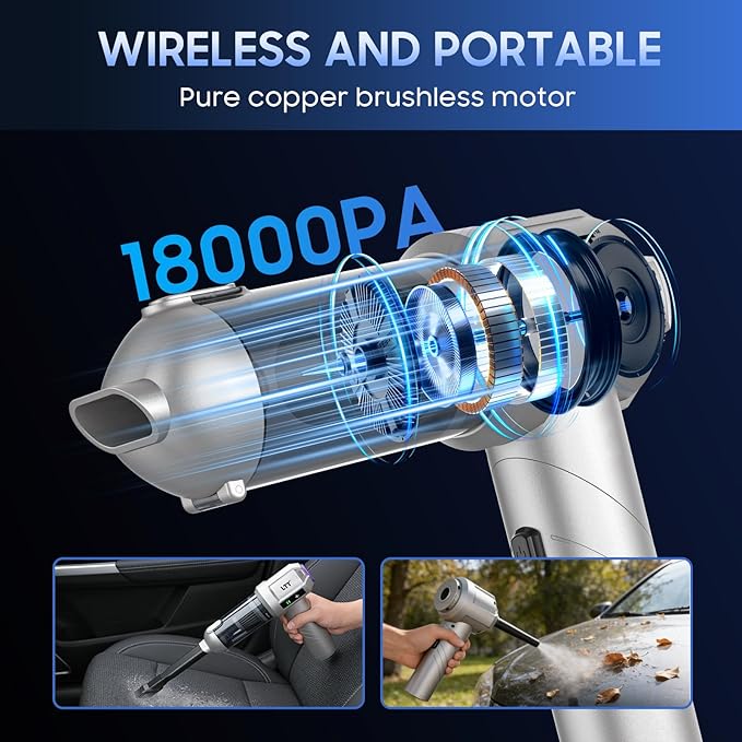 car Vacuum Portable Cordless, 18000PA Brushless Motor Hand Held Vacuum,Air Duster, 120W High Power Mini Vacuum Cleaner Foldable with LED Screen for Home, Car, Office, Pet