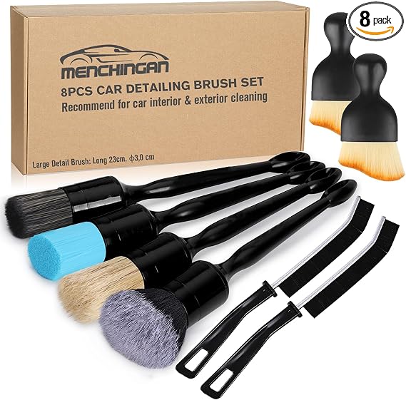 Car Detailing Brushes Set, 8-Piece Auto Detail Cleaning Brush Tool Kit in Soft/Middle/Hard, Crevice Brush, Dust Brush fo