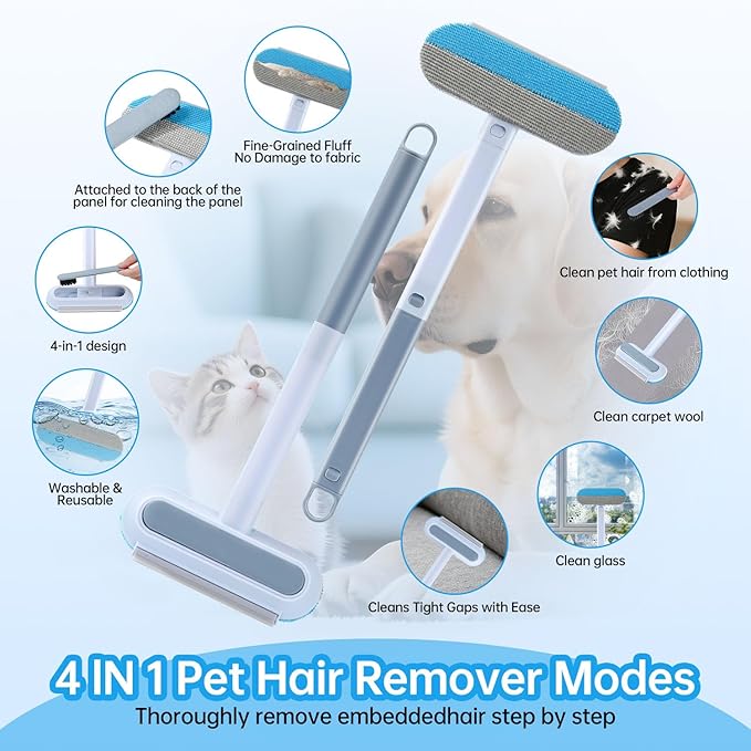 Multifunctional Pet Hair Remover Tool for Furniture, Reusable Washable Dog and Cat Hair Lint Removal Brush, 4 in 1 17.3Inch Extendable, Adjustable Lint Brush