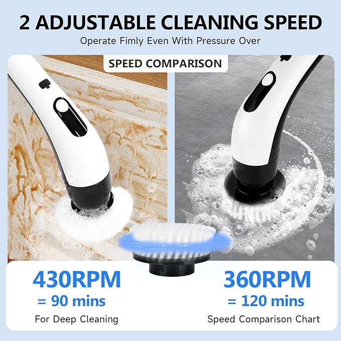 Cordless Electric Spin Scrubber with 8 Brush Heads Power Handheld Scrubber Cleaning & Shower with Adjustable Handle, IPX7 Waterproof for Shower Tile Grout Tub Tile Floor Bathroom Cleaning