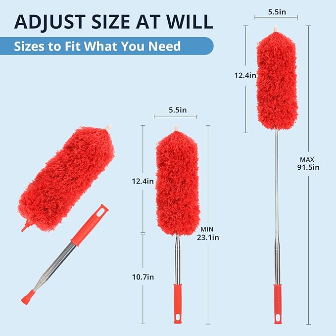 ZZ LAZYCOTTAGE Microfiber Duster with Extension Pole,Washable Bendable Head Ceiling Fan Duster,15-100 inch (Red)