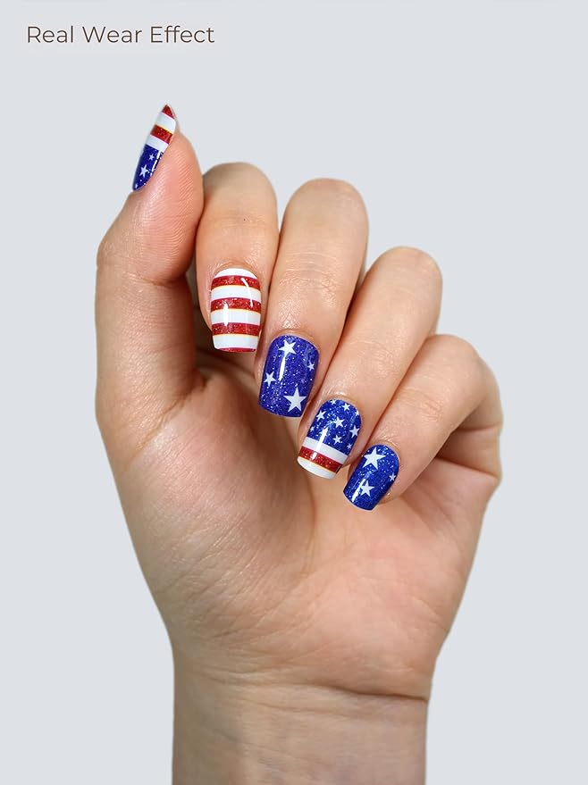 Nail Polish Strips, 32PCS Salon Quality Wraps, Long Lasting Gel Nail Stickers for Women Easy Apply& Remove (Fourth of July Independence Day)