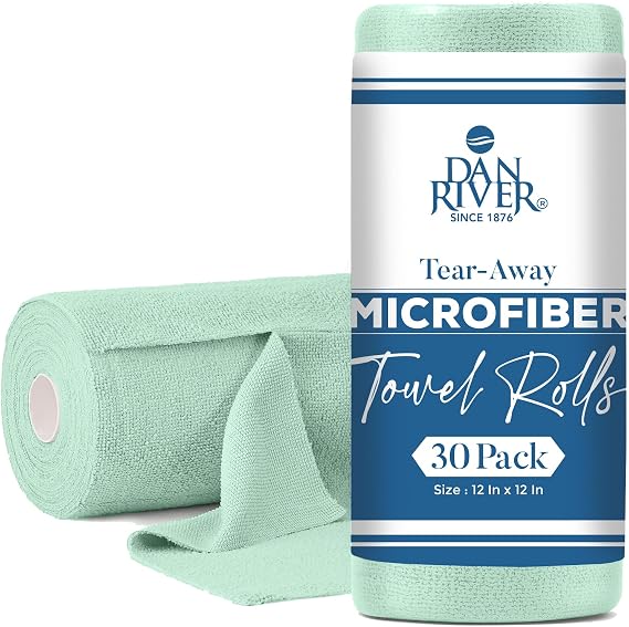 DAN RIVER Microfiber Cleaning Cloth Roll - 30 Pack, 12x12 Inch Reusable Tear Away Lint-Free Cloths for Kitchen, Car and 