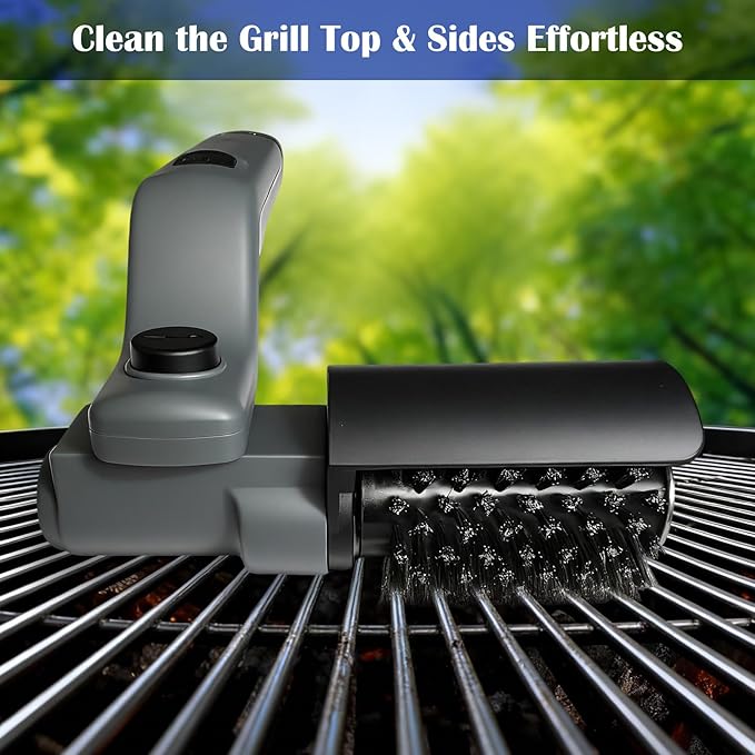 Cordless Electric Grill Brush with Adjustable Angle, 3-Speed Power Motor & Stainless Steel Head - Rechargeable, 90-Min Runtime, Waterproof Grill Cleaner for BBQ Grates & Griddles (Gray)