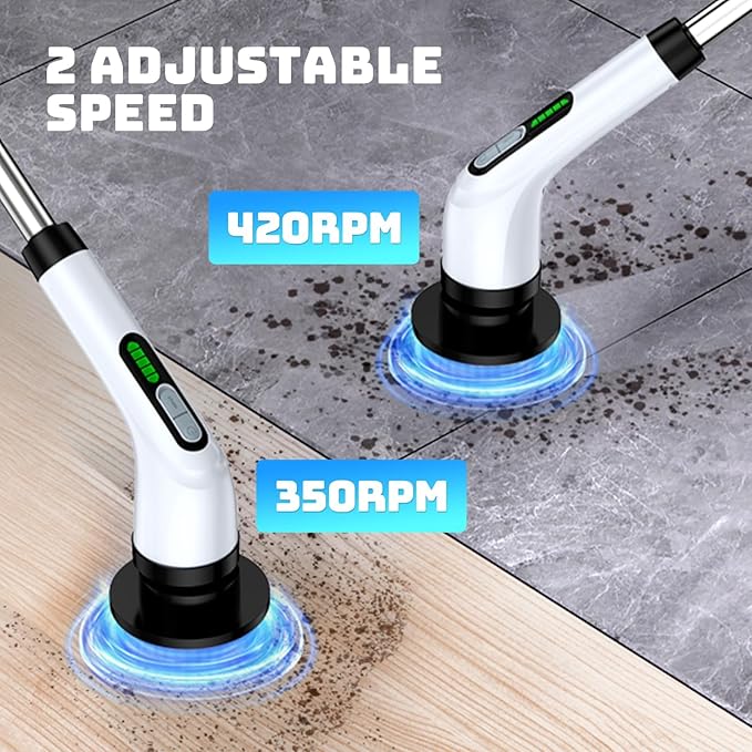 Highyes Electric Spin Scrubber, Powerful 2-Speed Cleaning Brush, IPX7 Waterproof with 7 Reusable Brush Heads & Extendable Handle, for Bathroom Toilet Shower Kitchen Wall Tile Floor Grout (White)
