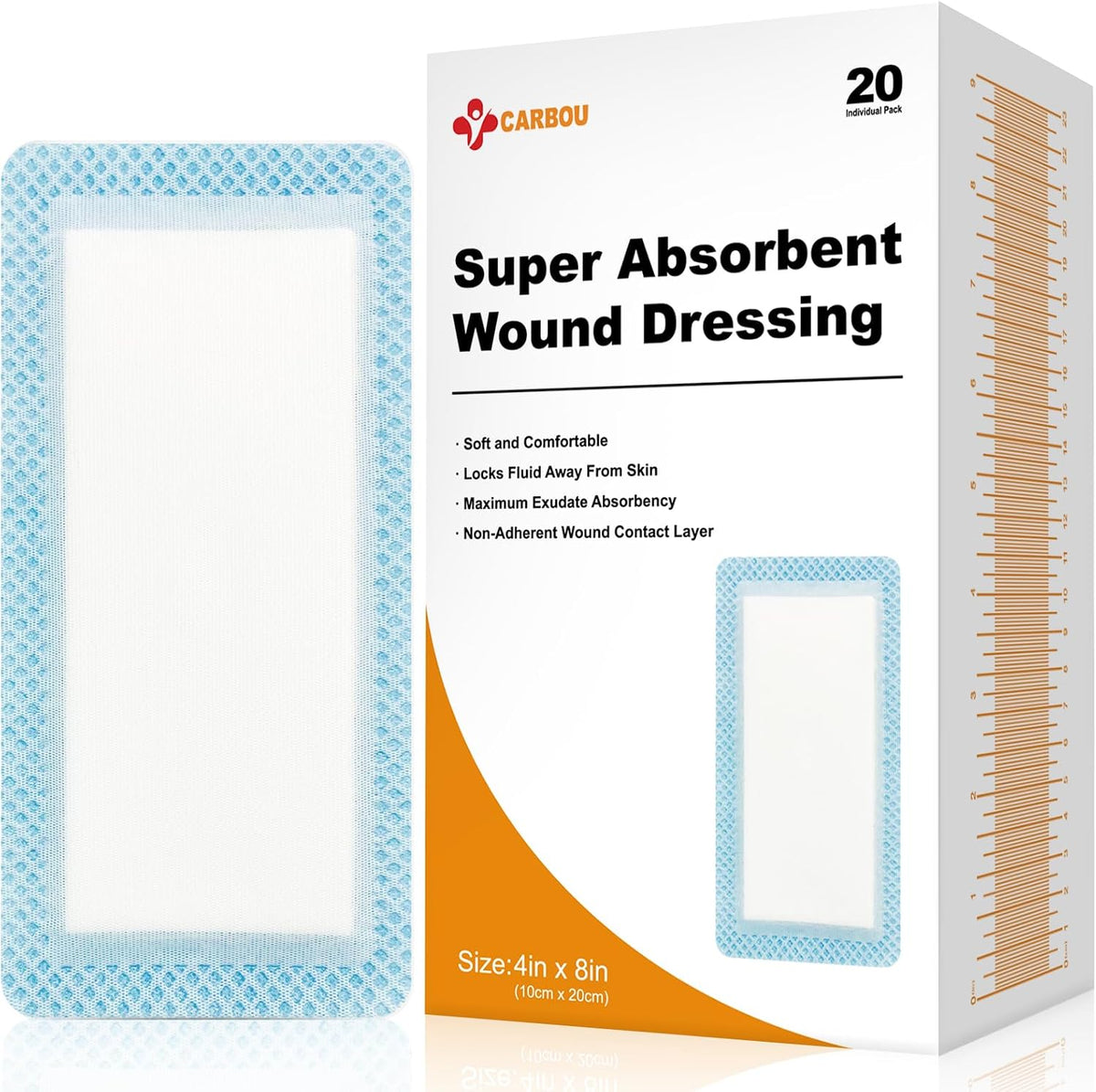 20 Pack Super Absorbent Wound Dressing 4" x 8", Non-Adhesive Pads