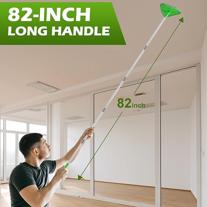 Wall Cleaner Triangle Mop with 82'' Long Handle - Wall Scrubber, Cleaning Washer Tool with 4 Microfiber Chenille Duster Pads for Clean Walls, Ceiling, Windows, Baseboards, Floors (Green, 4 Pads)