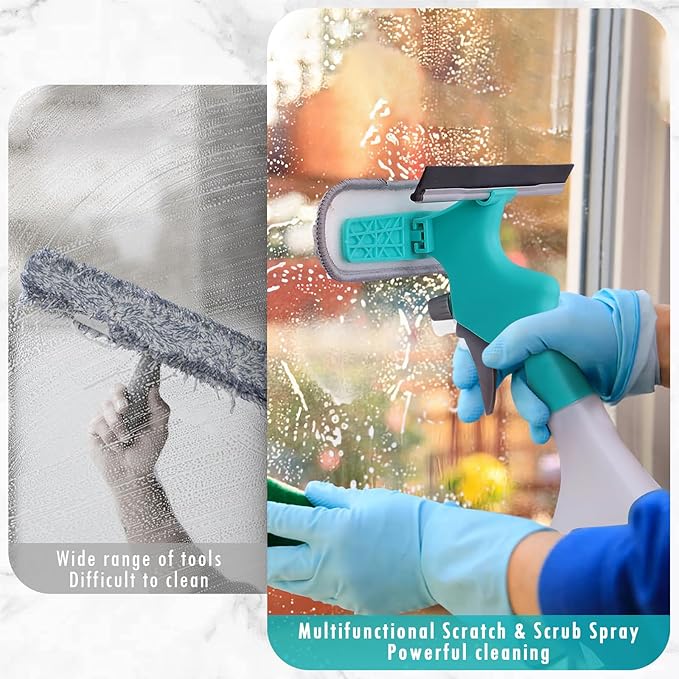 4 in 1 Window Cleaner Tool with Squeegee & Sprayer, 10" Streak-Free Scraper Kit, Portable Multifunction Refillable Bottle for Glass/Shower/Car (Blue)