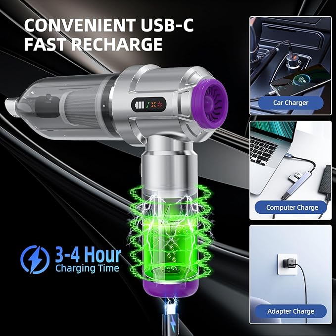 Cordless Vacuum Cleaner - 22000PA Handheld Car Vacuum, 4-in-1 Portable Mini Air Duster Rechargeable, 3-Speed Small Powerful Gadgets & Gifts, for Home, Office, Mattress, Carpet, Pet (Silver)