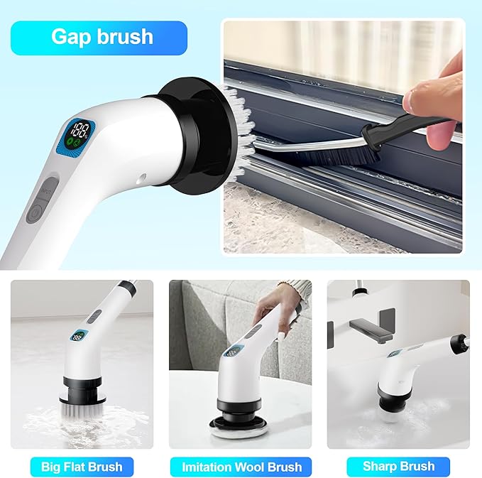 Electric Spin Scrubber for Cleaning Bathroom - Cordless Power Scrubber with 7 Brushes Heads - Shower Cleaner Brush with Long Handle, IPX7 Waterproof Scrub Brush for Bath Tub Tile Grout Glass Tool