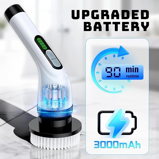Highyes Electric Spin Scrubber, Powerful 2-Speed Cleaning Brush, IPX7 Waterproof with 7 Reusable Brush Heads & Extendable Handle, for Bathroom Toilet Shower Kitchen Wall Tile Floor Grout (White)