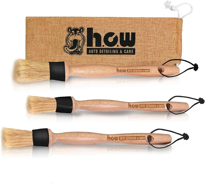 H.O.W Detailing Brush Set Ultra Soft Boars Hair Detailing Brushes 3 Pack, Detail Automotive Interior or Exterior, get Pr