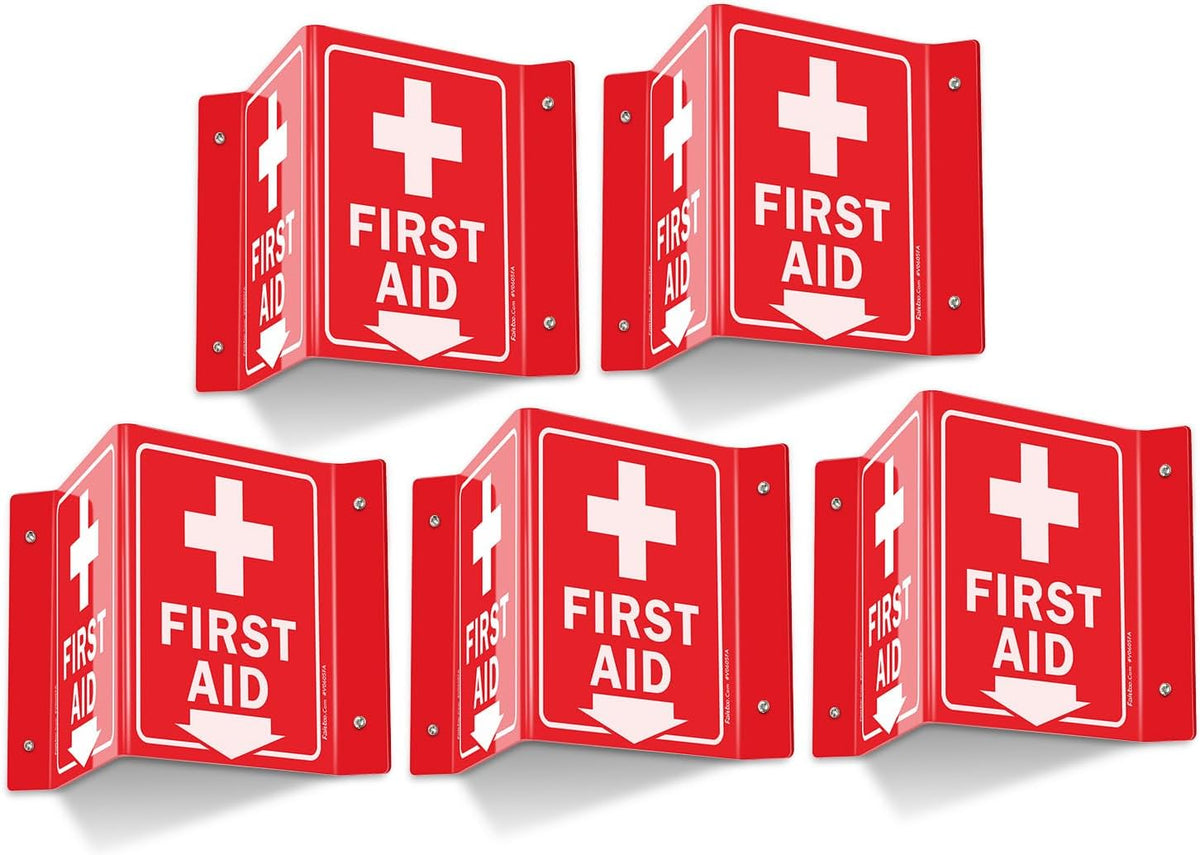 First Aid Sign, 5 Pack First Aid with Cross Symbol - 6 x 8 Inches V-Shaped Acrylic Plastic, 4 Pre-Drilled Holes, Includes Matching Screws, Use for Home Office/Business