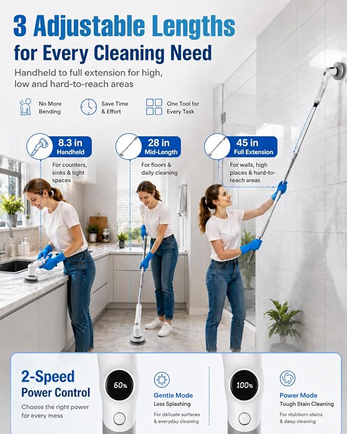 Electric Spin Scrubber, 2026 Electric Scrubber for Cleaning 4000mAh 2 Speed Shower Scrubber with Adjustable Handle IPX7 Waterproof Long Runtime Scrub Brush with 5 Heads for Bathroom Kitchen Tub