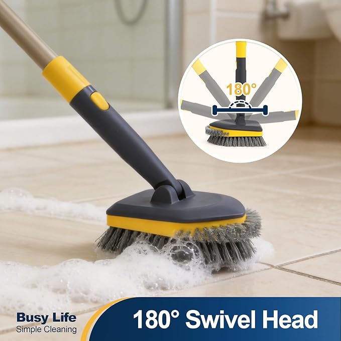 Yocada Tub Tile Scrubber Brush 2 in 1 Cleaning Brush Telescopic Pole Stiff Edge Bristles 4*Scouring Pads for Bathroom Shower Floor Corner Cleaning Non Scratch 58.2"