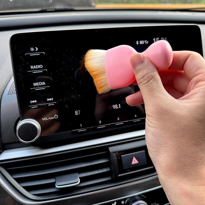 Car Detailing Brush, Soft Bristle Cleaning Brush, Scratch-Free Auto Duster Tool for Dashboard, Air Vents, Leather & Interior Cleaning (Pink&Brown with Cap)