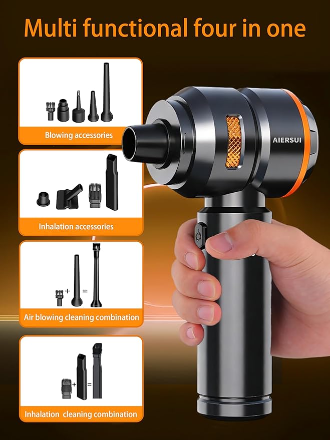 Super-Powered car mini Vacuum Cleaner 80,000RPM, Four-in-one: Blower, Vacuum Cleaner, air Extractor, and Pump. Handheld dust Collector, Handheld dust Blower, Hair Dryer, Cordless (Orange)